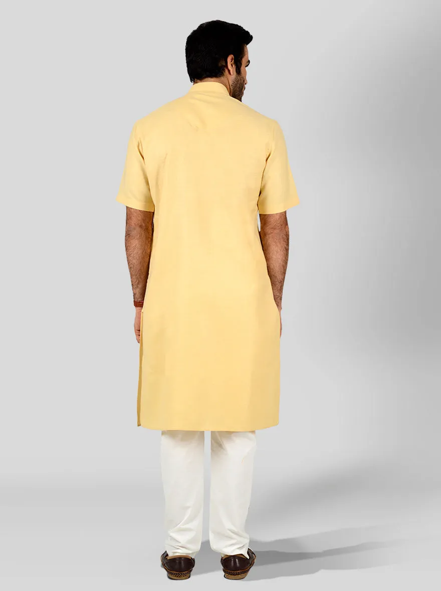 Light Yellow Self Textured Regular Fit Modi Kurta | JadeBlue