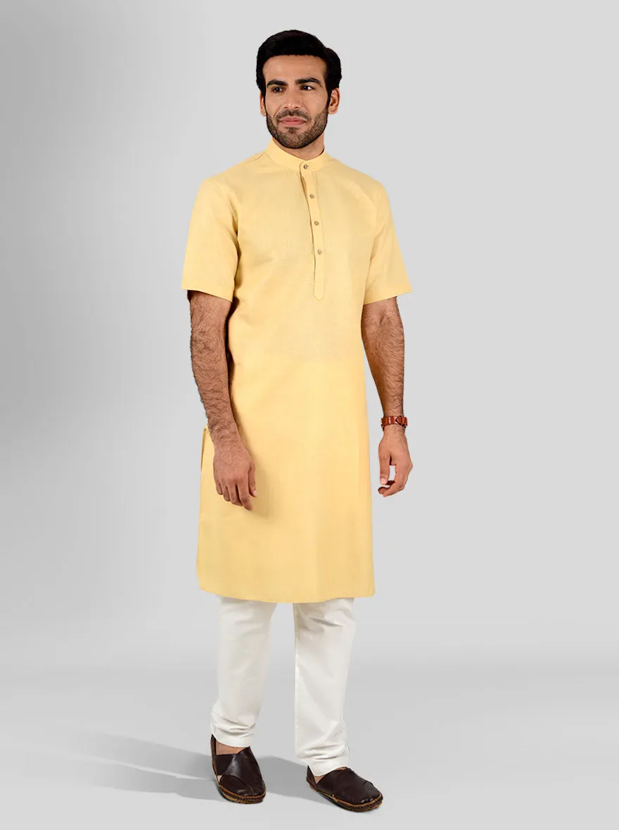 Light Yellow Self Textured Regular Fit Modi Kurta | JadeBlue