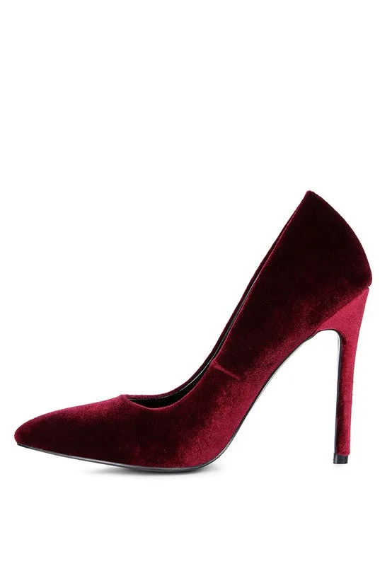 Lilith Velvet Stiletto High Heel Pumps in Grey, Black, or Burgundy | Rag & Company