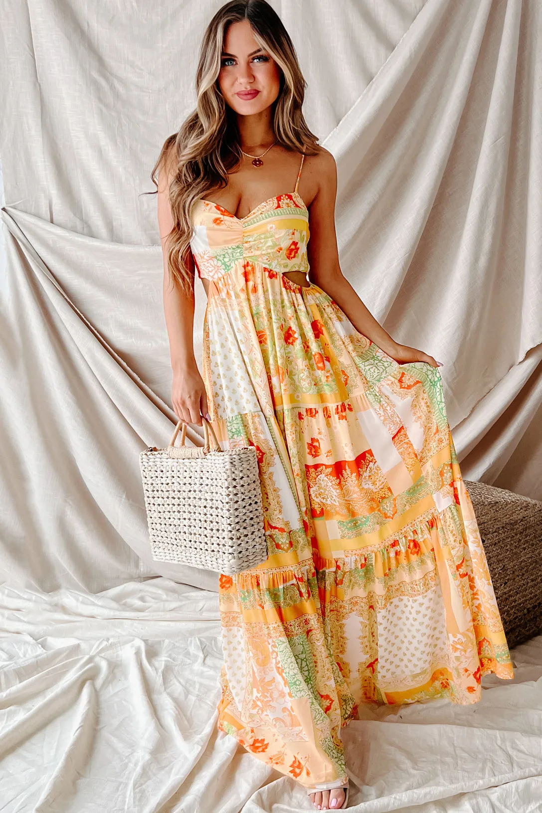 Living For Sunshine Printed Cut-Out Maxi Dress (Ivory/Yellow)