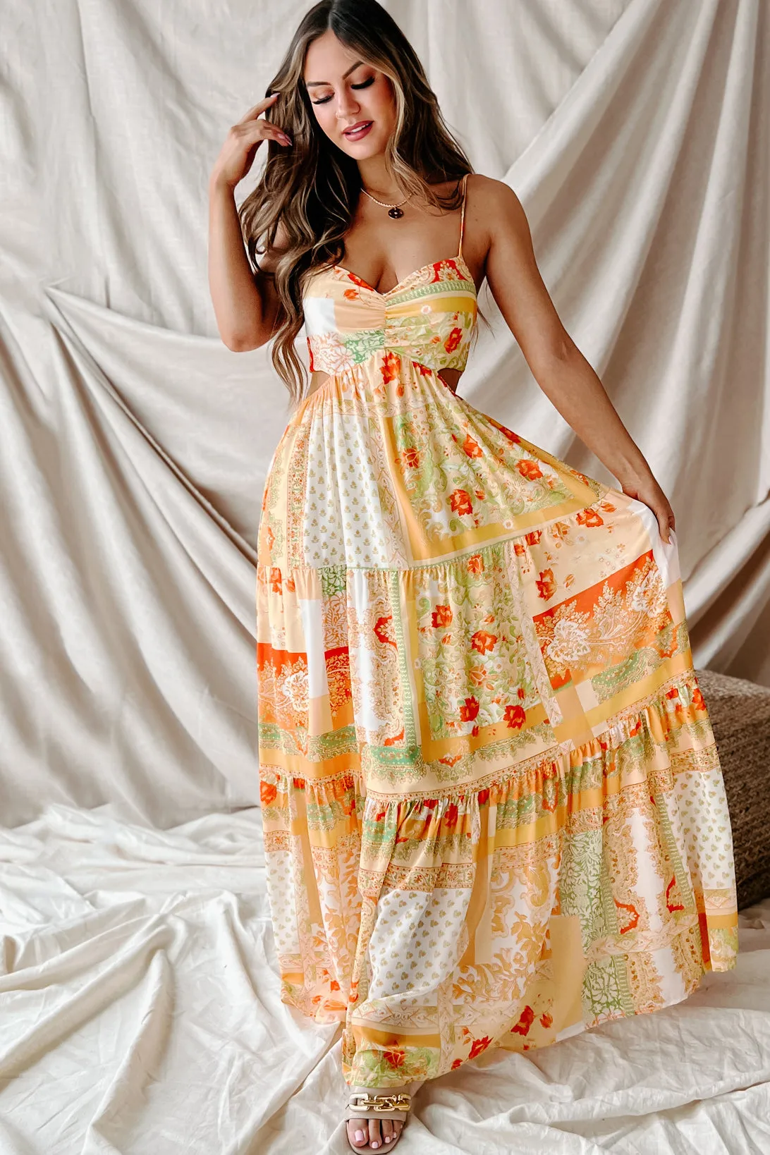 Living For Sunshine Printed Cut-Out Maxi Dress (Ivory/Yellow)