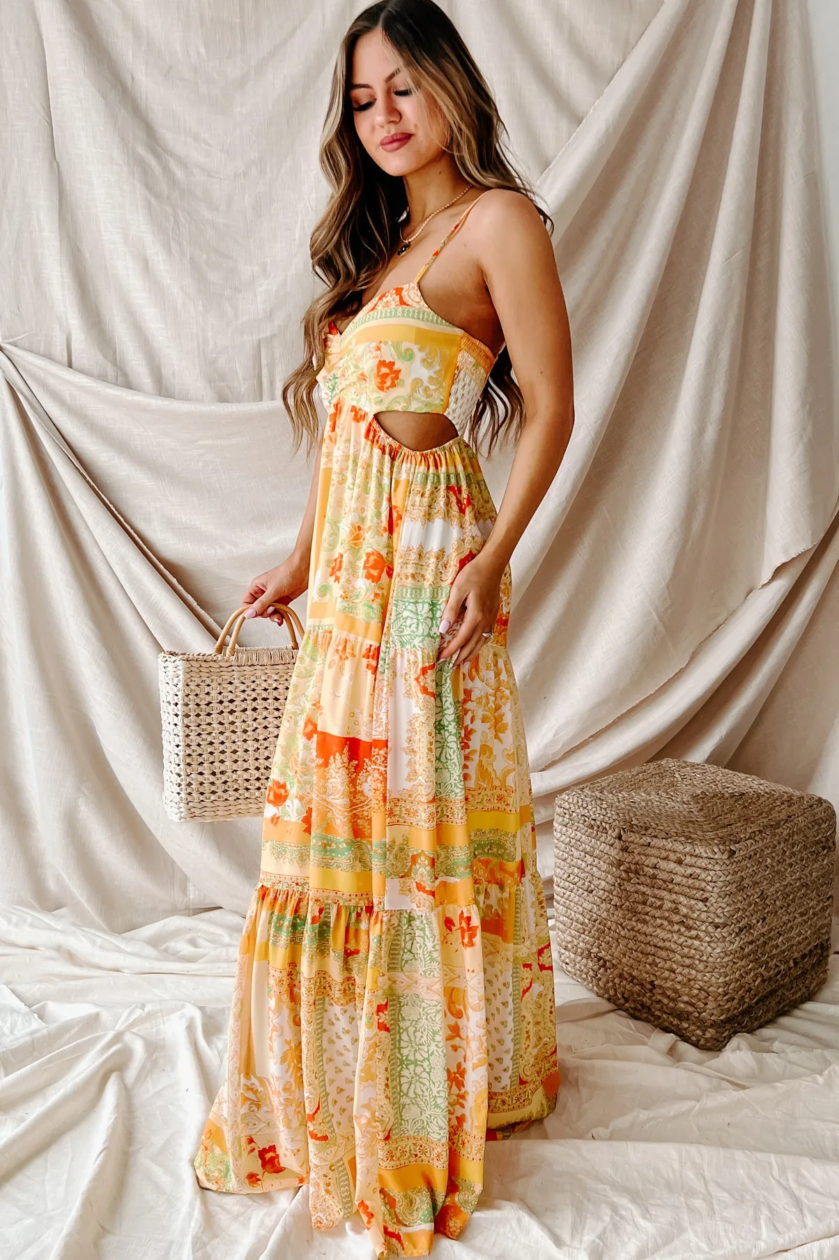 Living For Sunshine Printed Cut-Out Maxi Dress (Ivory/Yellow)