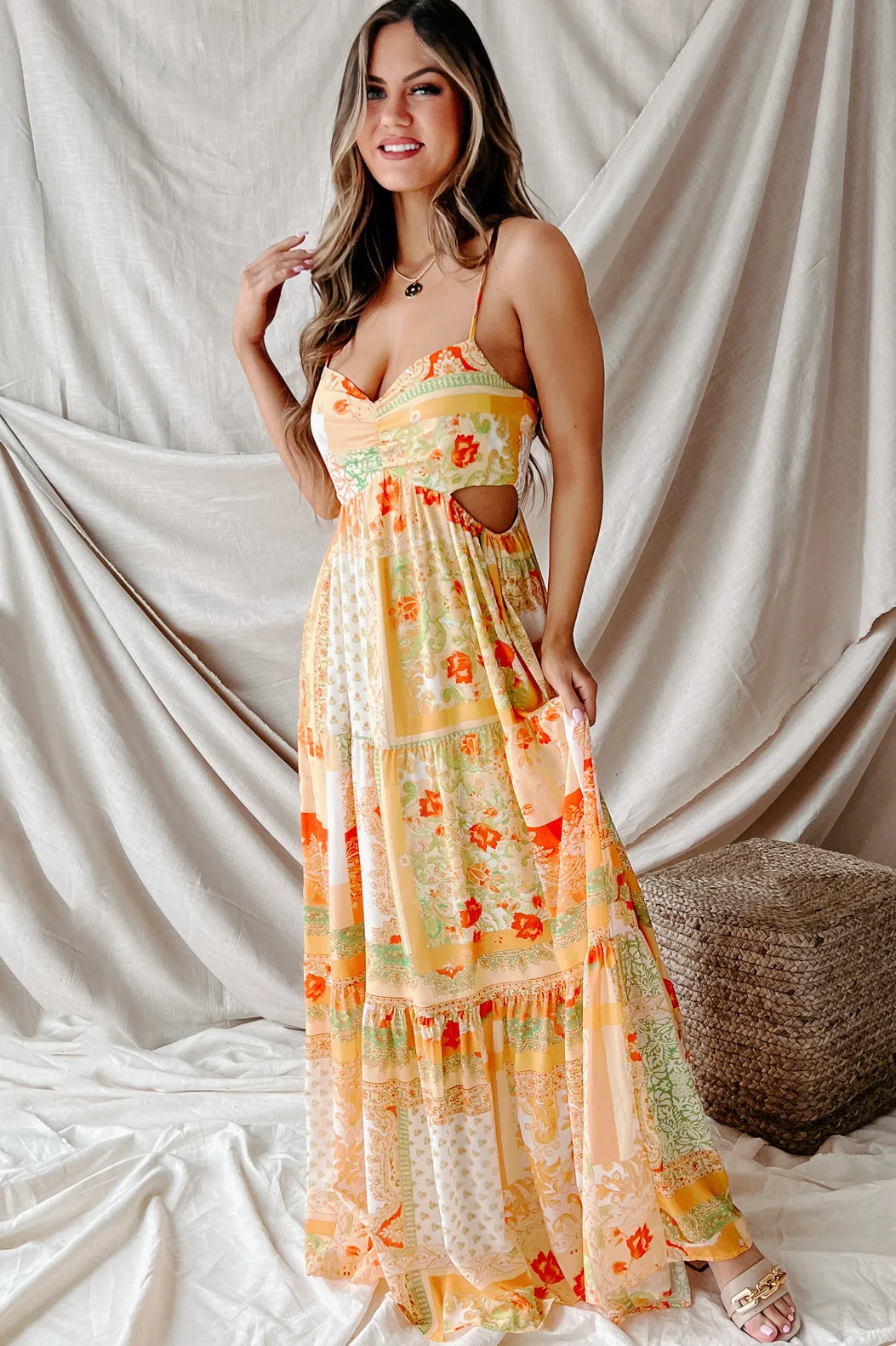 Living For Sunshine Printed Cut-Out Maxi Dress (Ivory/Yellow)