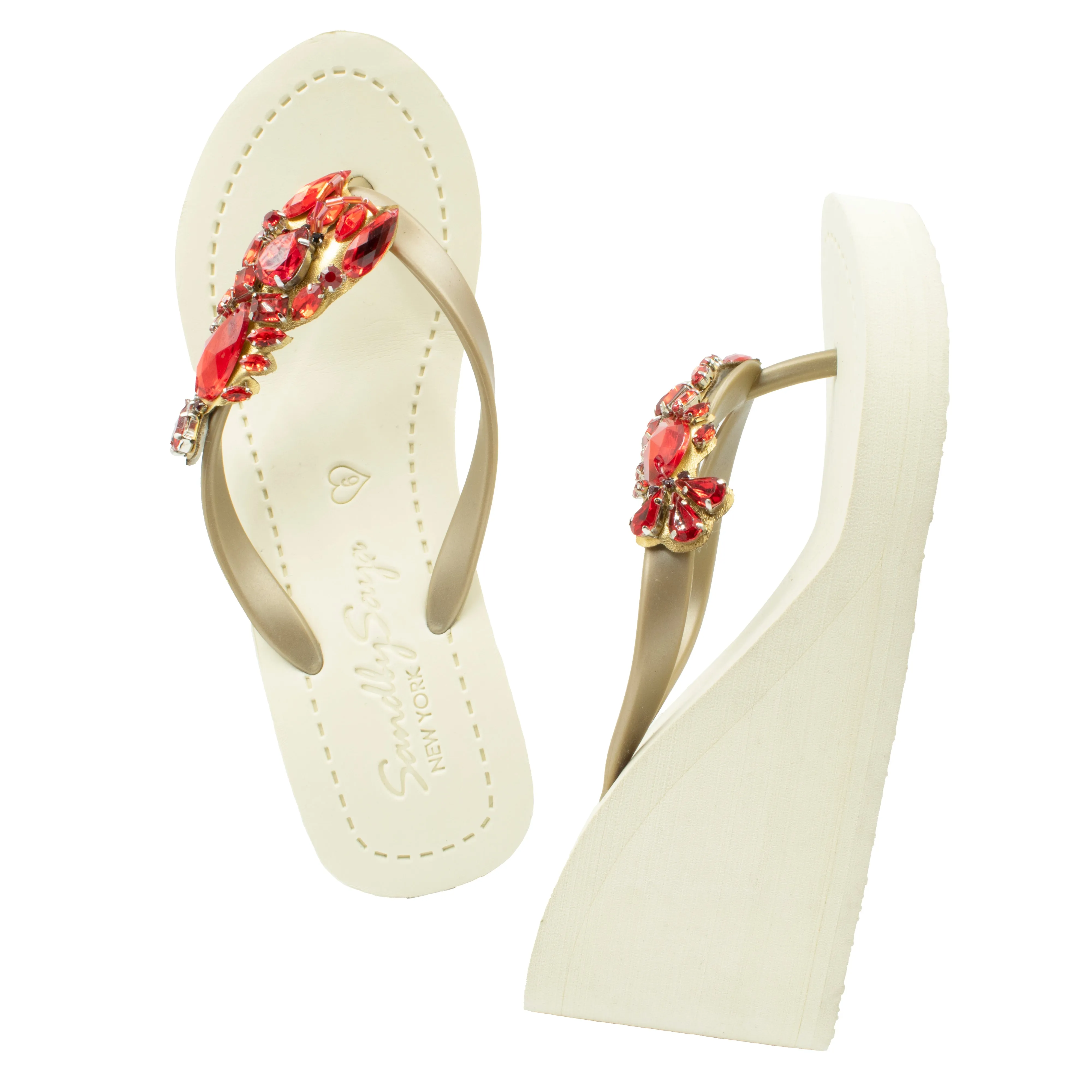 Lobster - Red Crystal Stone Embellished Women's High Wedge Flip Flops Sandal