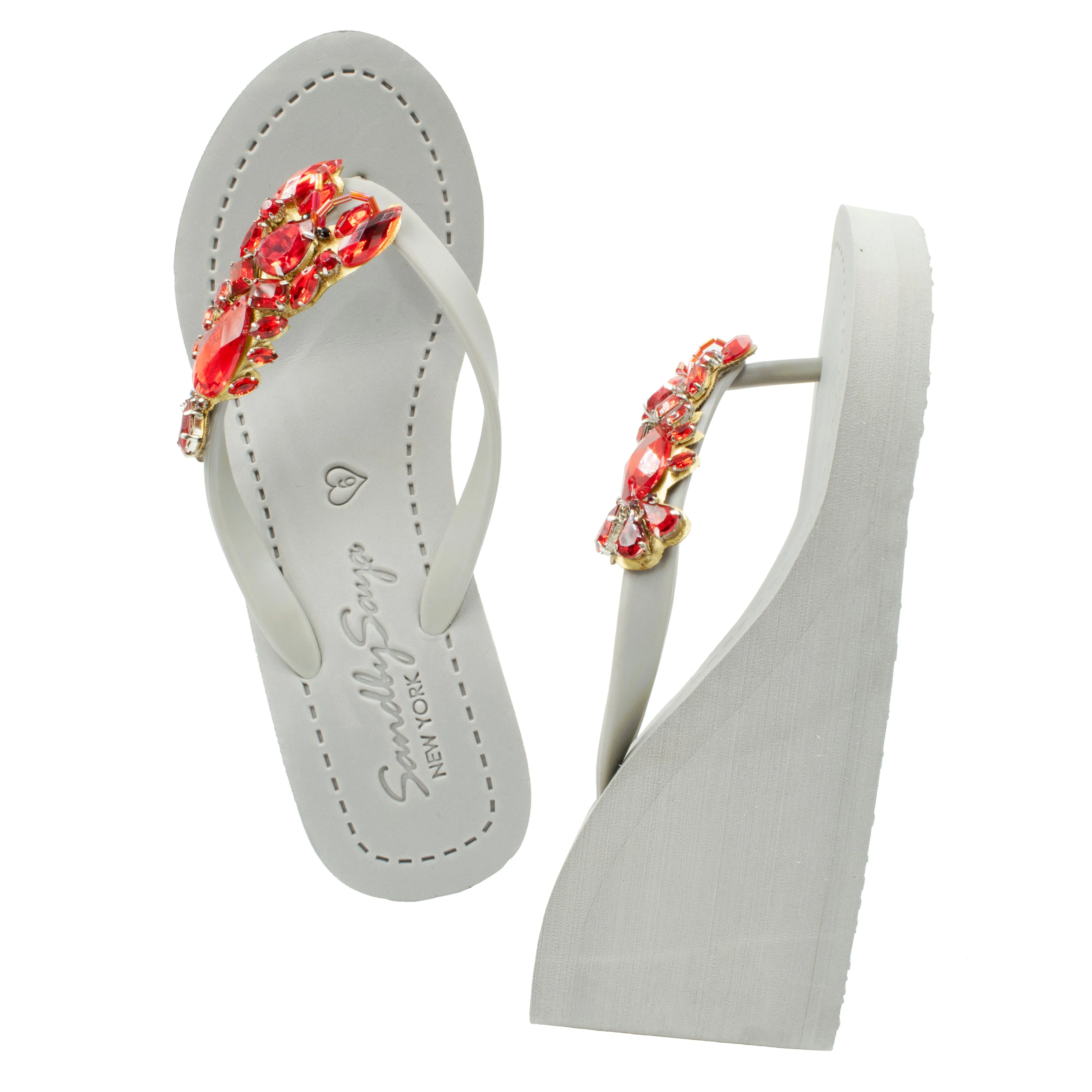 Lobster - Red Crystal Stone Embellished Women's High Wedge Flip Flops Sandal