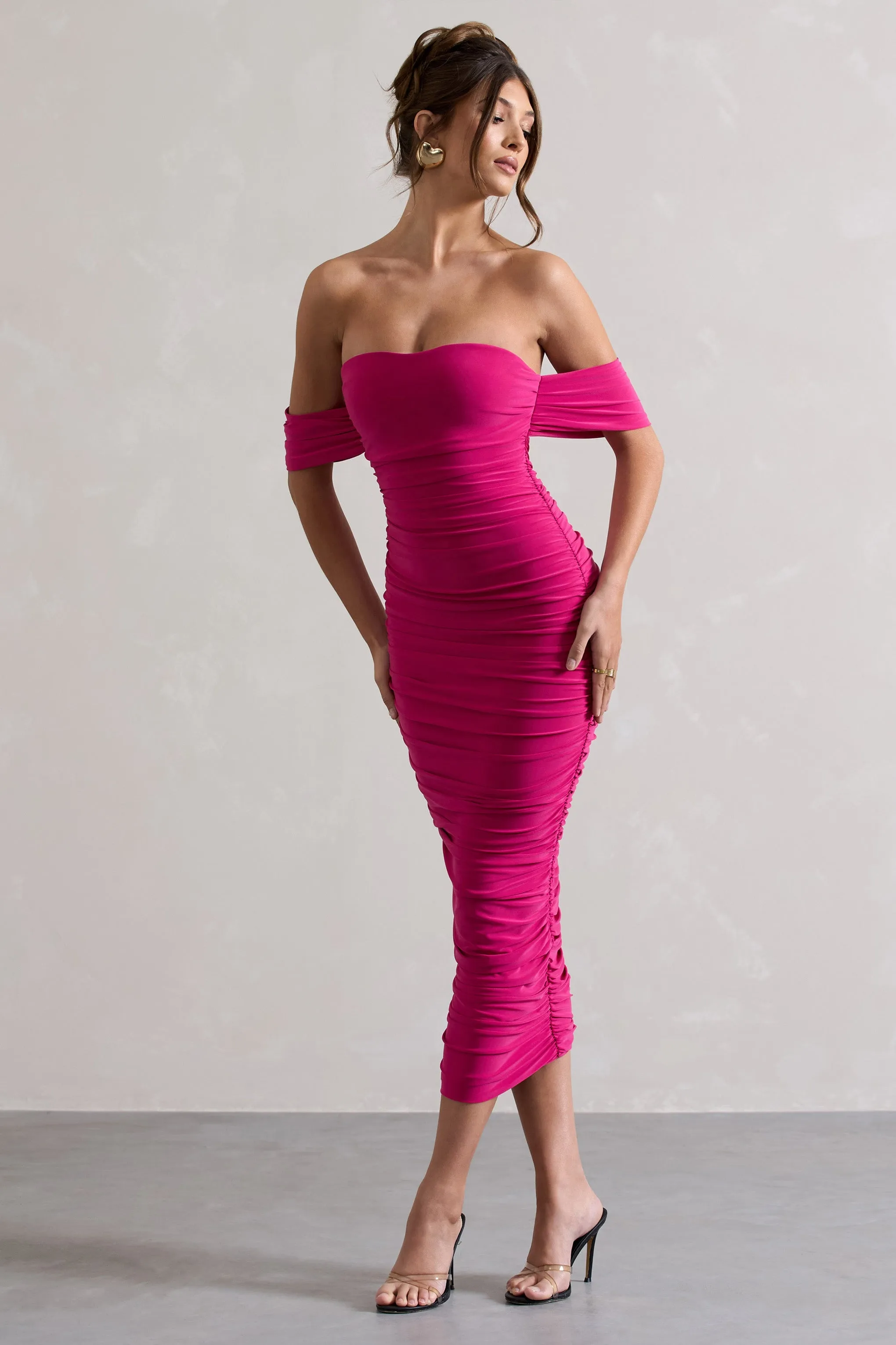 Lost For Words | Pink Bardot Ruched Draped Midi Dress