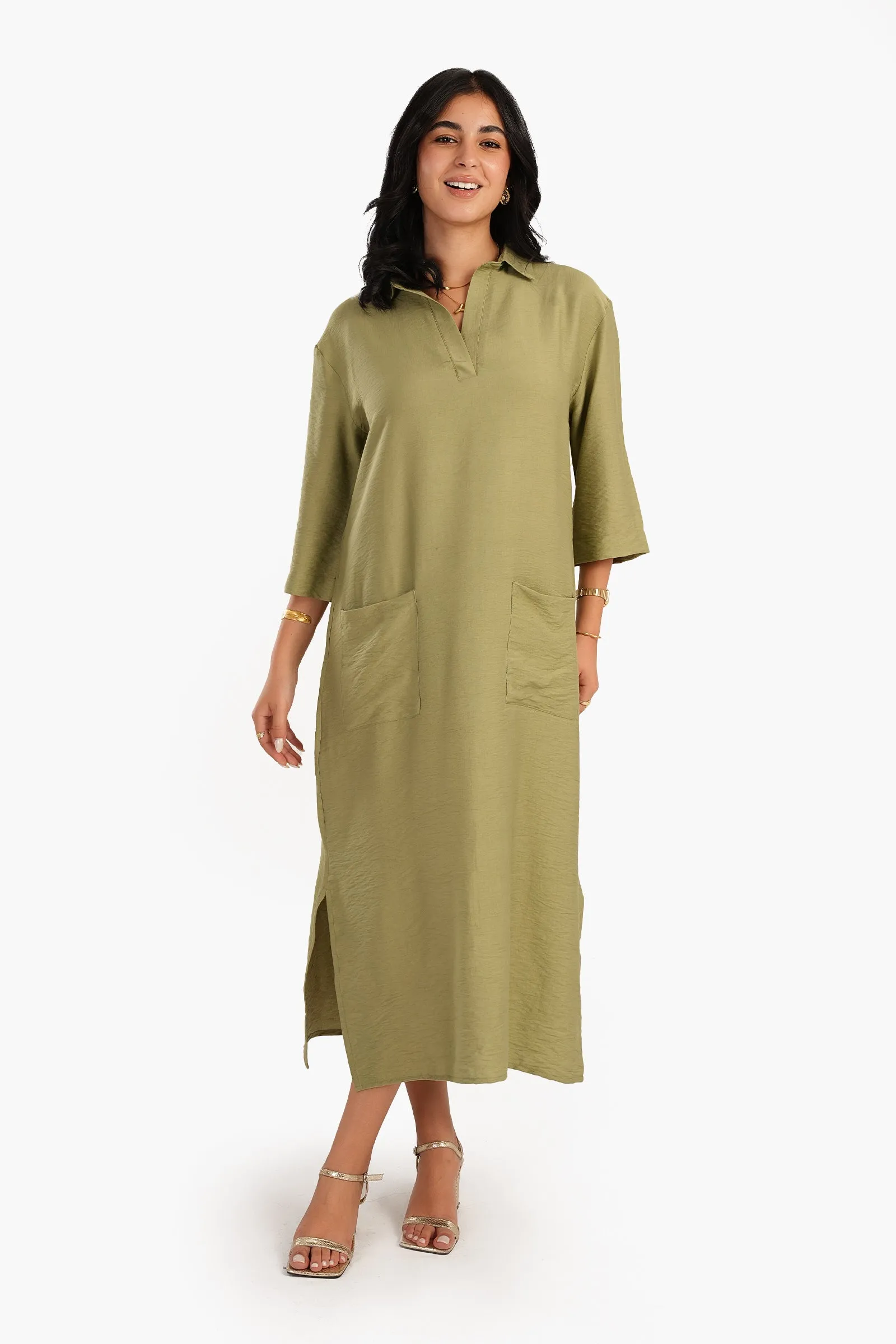 Lounge Dress with Collared V-Neck