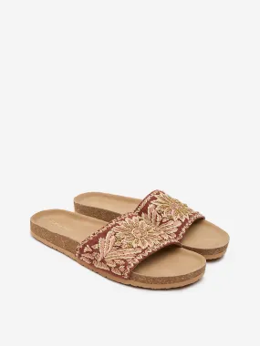 LUNA BLU Brown Floral Embroidered Slip-On Sandals