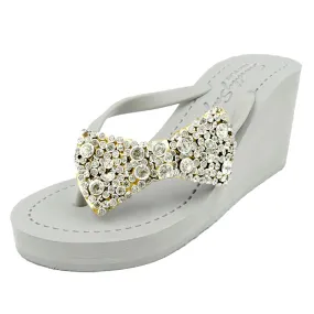 Madison Bow-  Crystal Stones Embellished Women's High Wedge Flip Flops Sandal