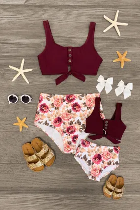 Mom & Me - Burgundy & White Rose Bikini