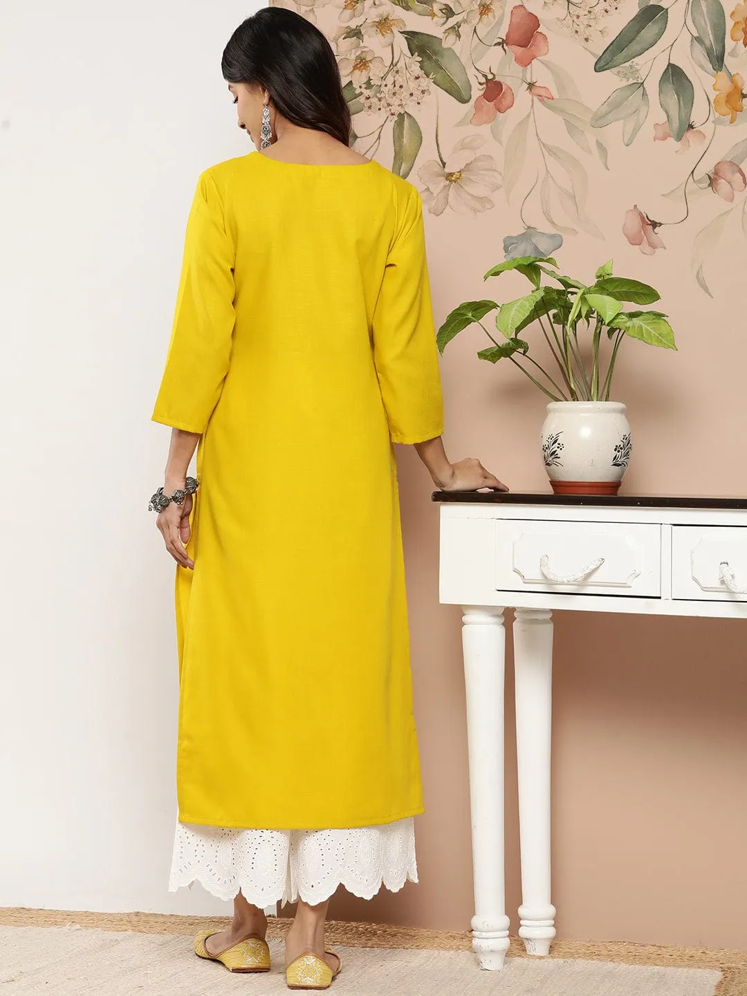 Mustard Yellow Floral Yoke Embroidered Straight Kurta