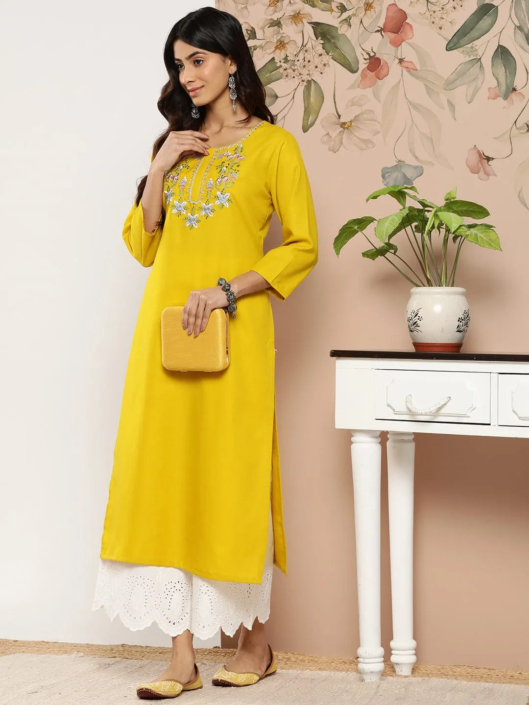 Mustard Yellow Floral Yoke Embroidered Straight Kurta