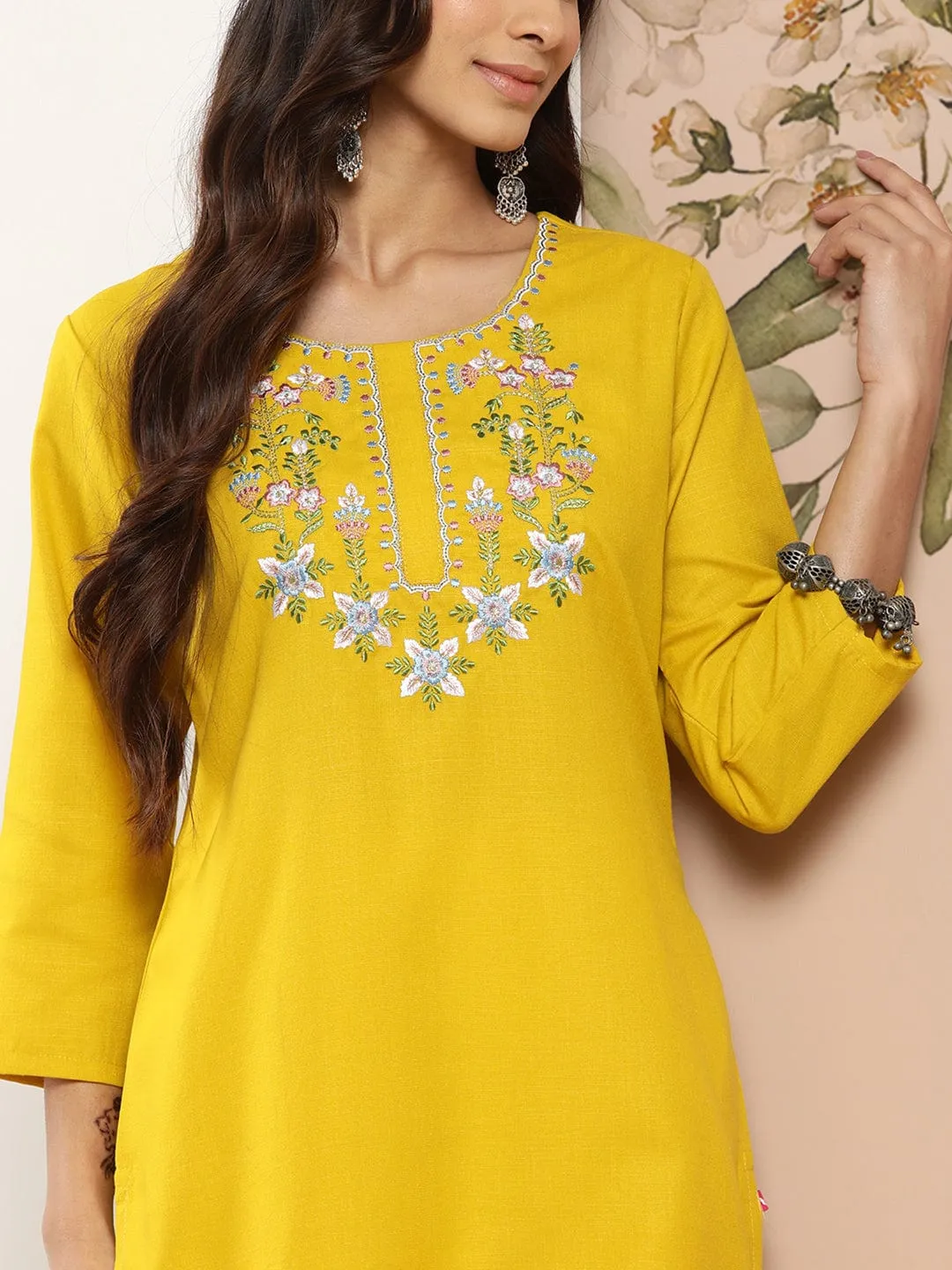 Mustard Yellow Floral Yoke Embroidered Straight Kurta