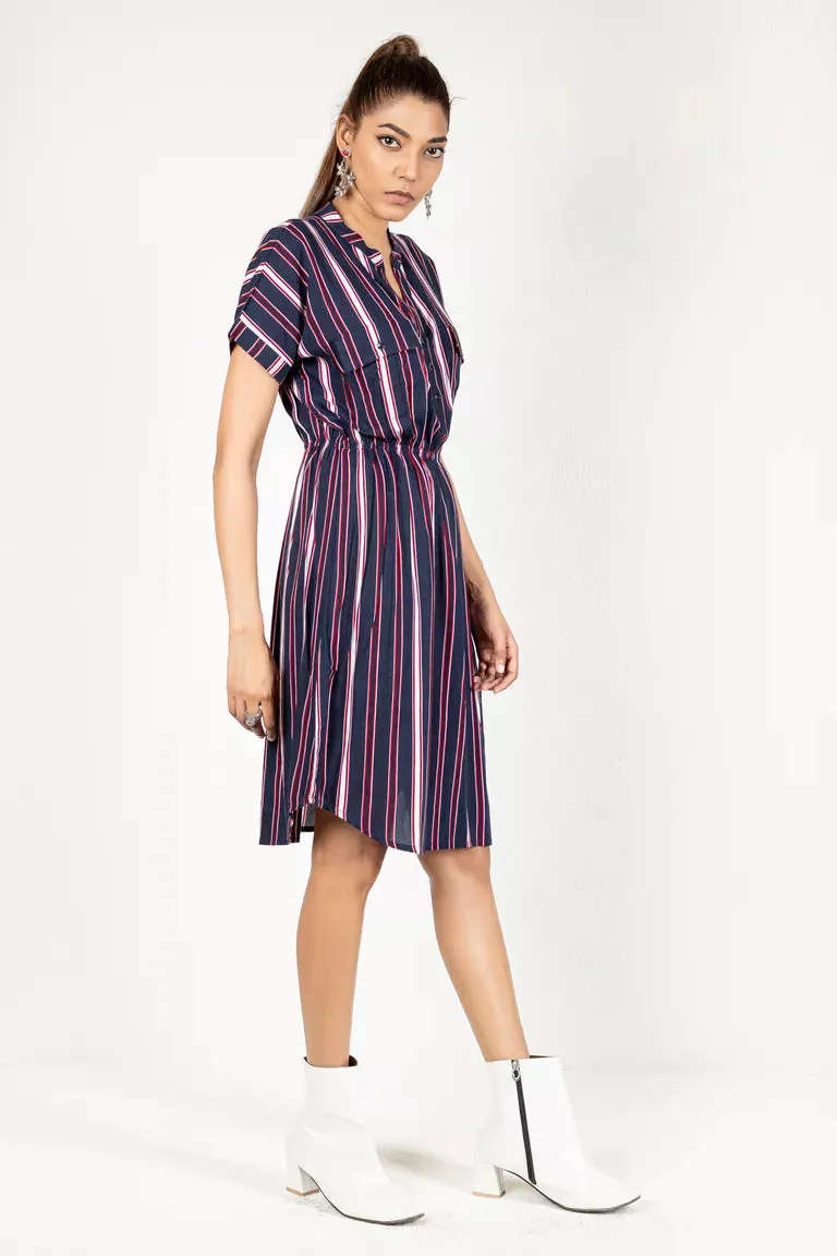 Navy Blue With Red  White Striped Dress