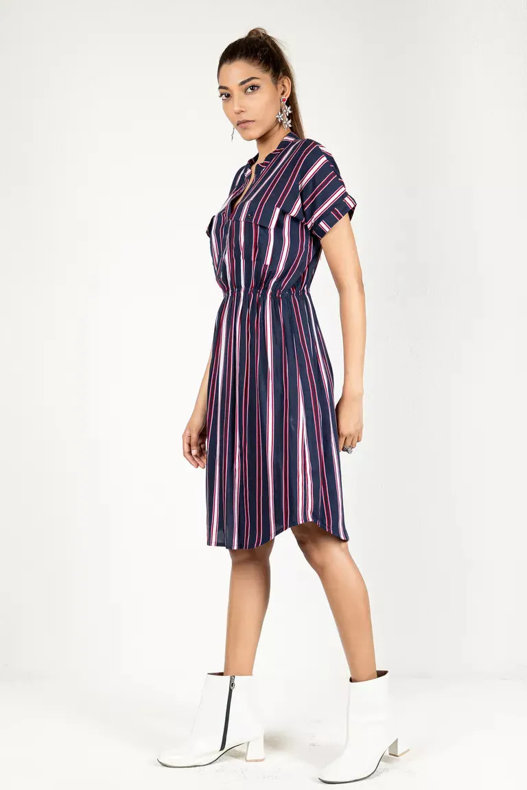 Navy Blue With Red  White Striped Dress