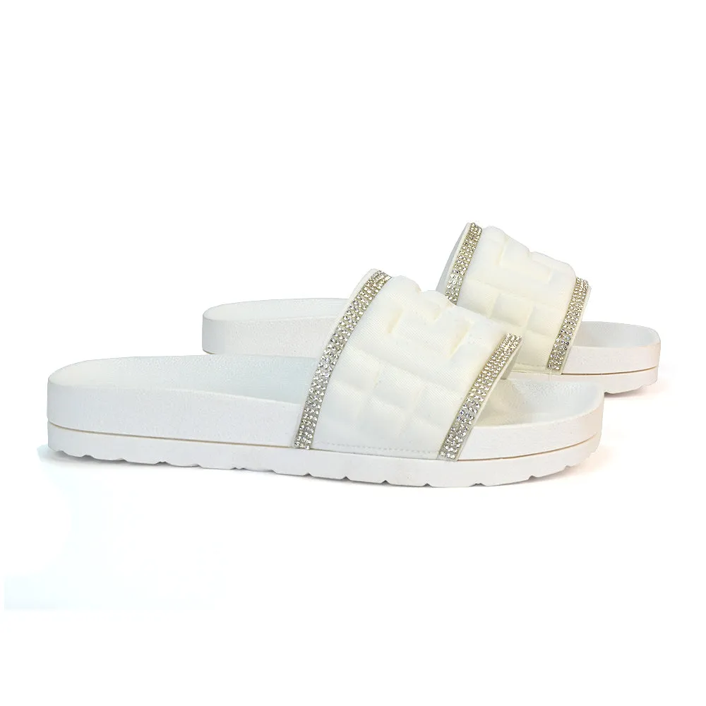 Neah Slip On Diamante Flat Sandals With Square Toe and Flatform Heel in White