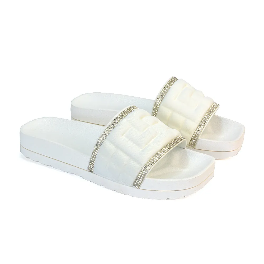 Neah Slip On Diamante Flat Sandals With Square Toe and Flatform Heel in White