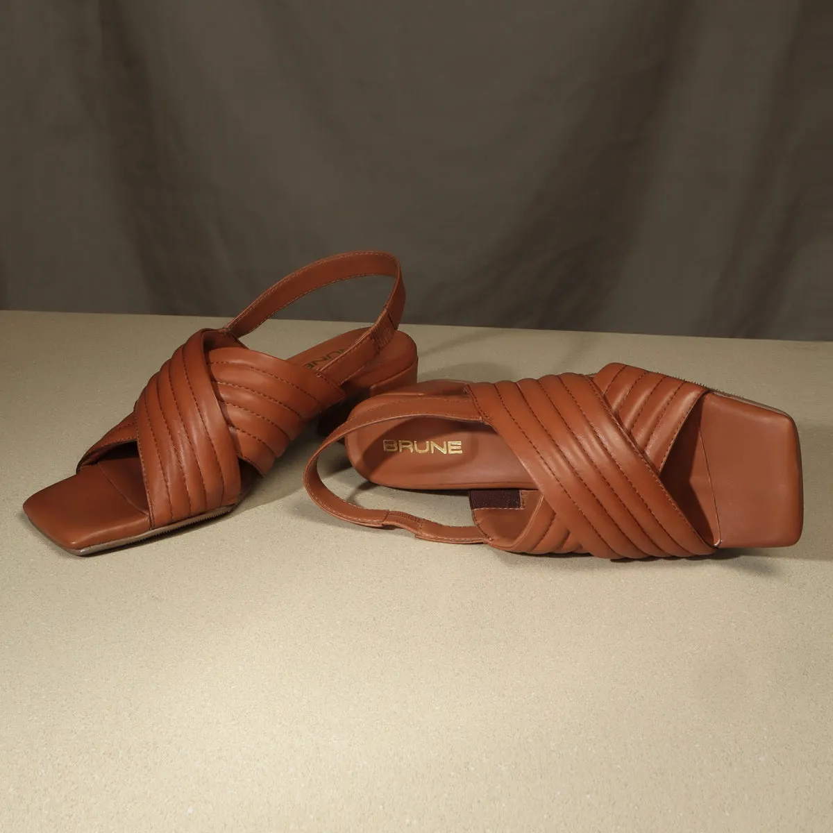 Open Toe Tan Luxury Designer Puffed Cross Strap Over Feet Ladies Sandals By Brune & Bareskin