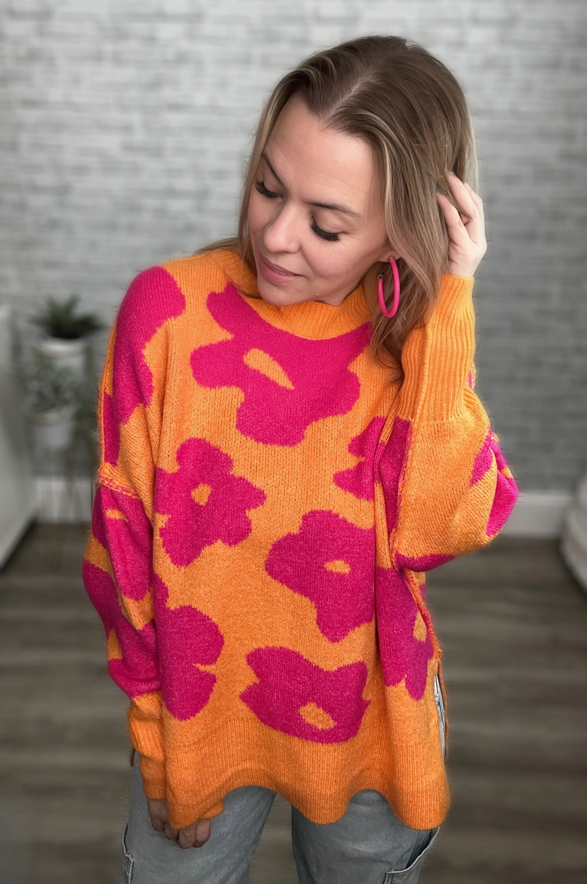 Orange and Fuchsia Hot Pink Large Scale Floral Sweater - Davi & Dani