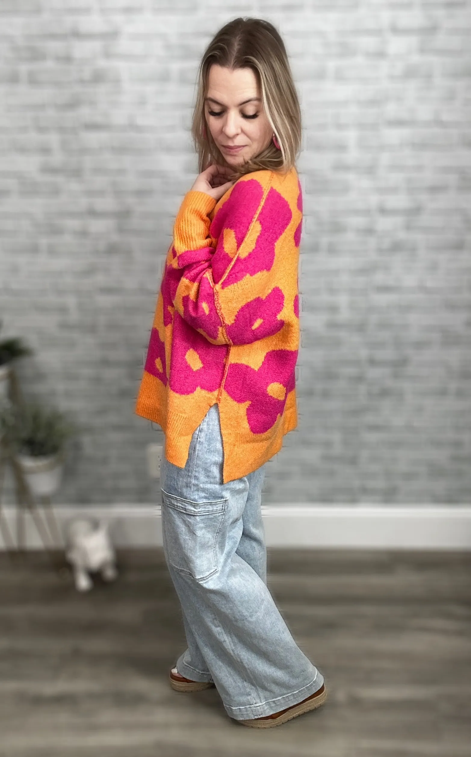 Orange and Fuchsia Hot Pink Large Scale Floral Sweater - Davi & Dani