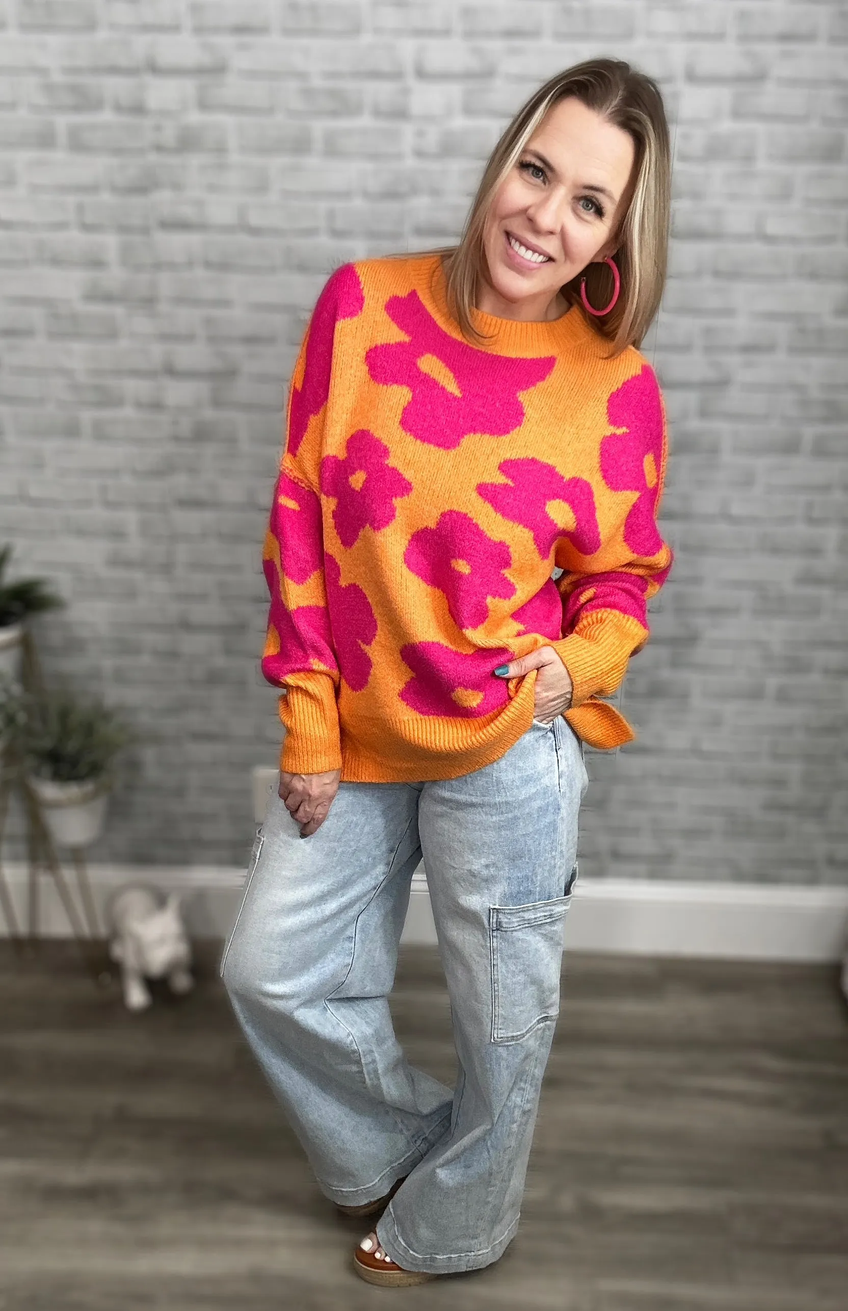 Orange and Fuchsia Hot Pink Large Scale Floral Sweater - Davi & Dani