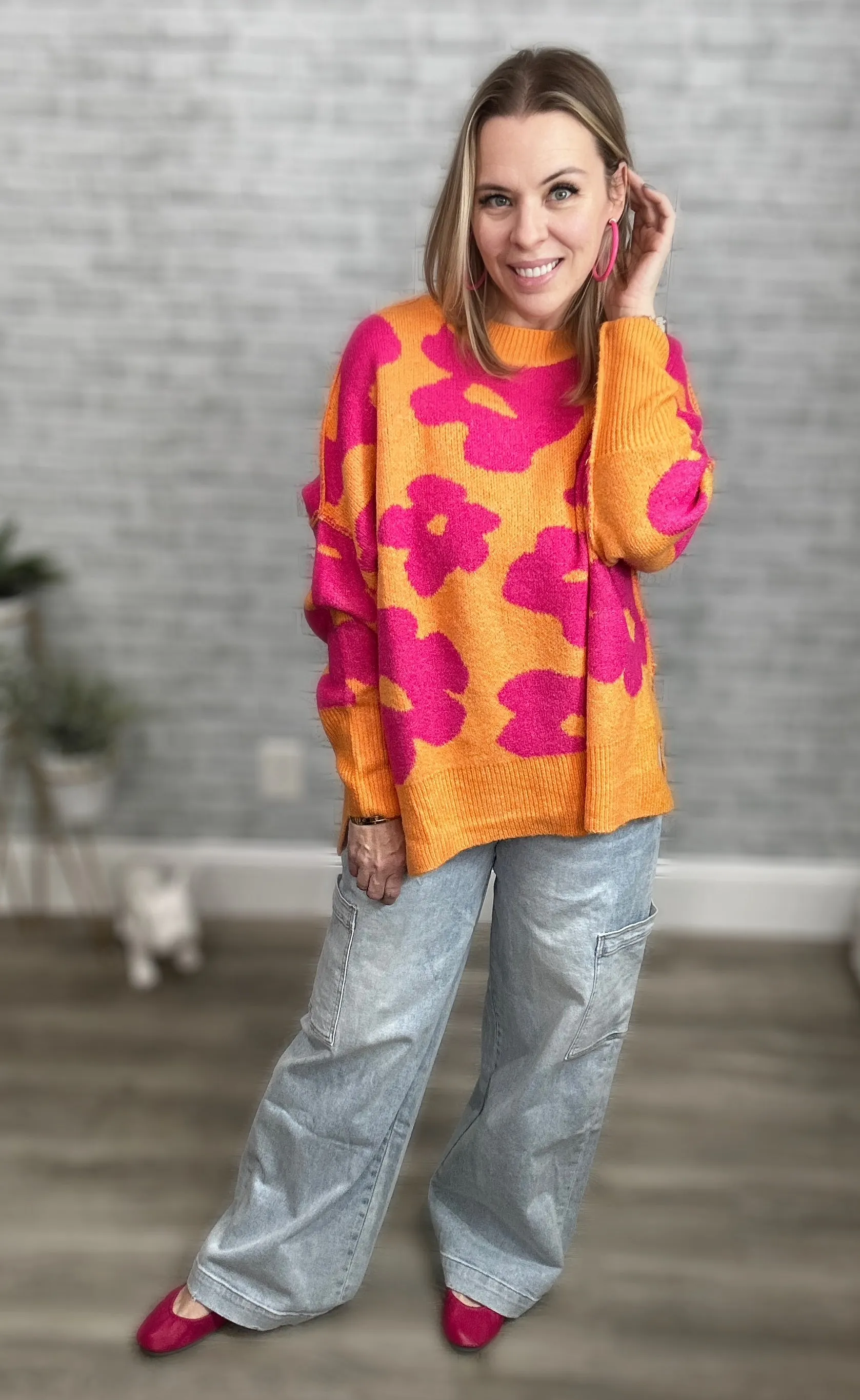 Orange and Fuchsia Hot Pink Large Scale Floral Sweater - Davi & Dani