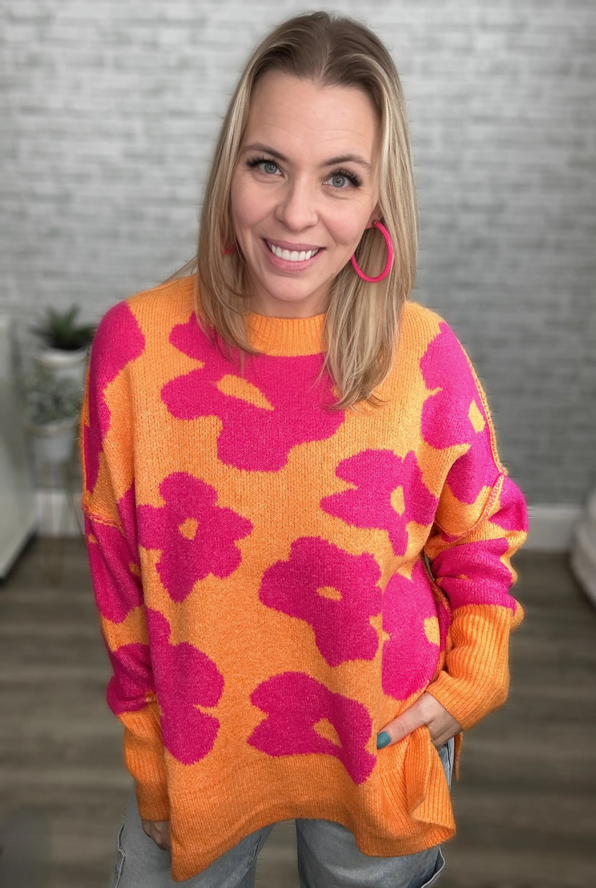 Orange and Fuchsia Hot Pink Large Scale Floral Sweater - Davi & Dani