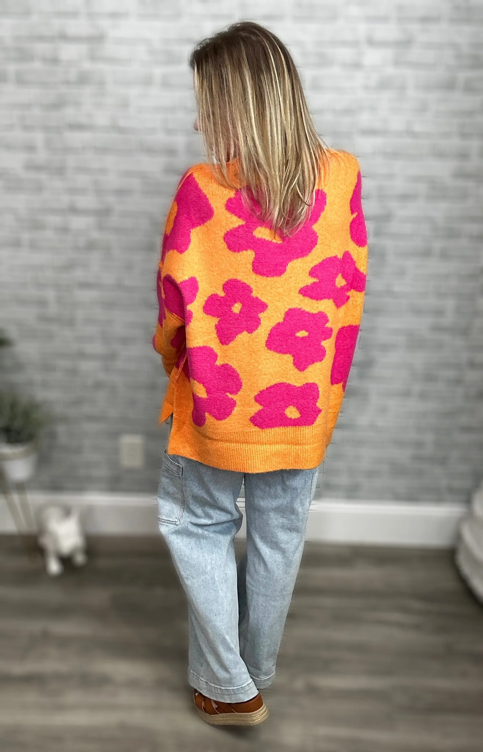 Orange and Fuchsia Hot Pink Large Scale Floral Sweater - Davi & Dani