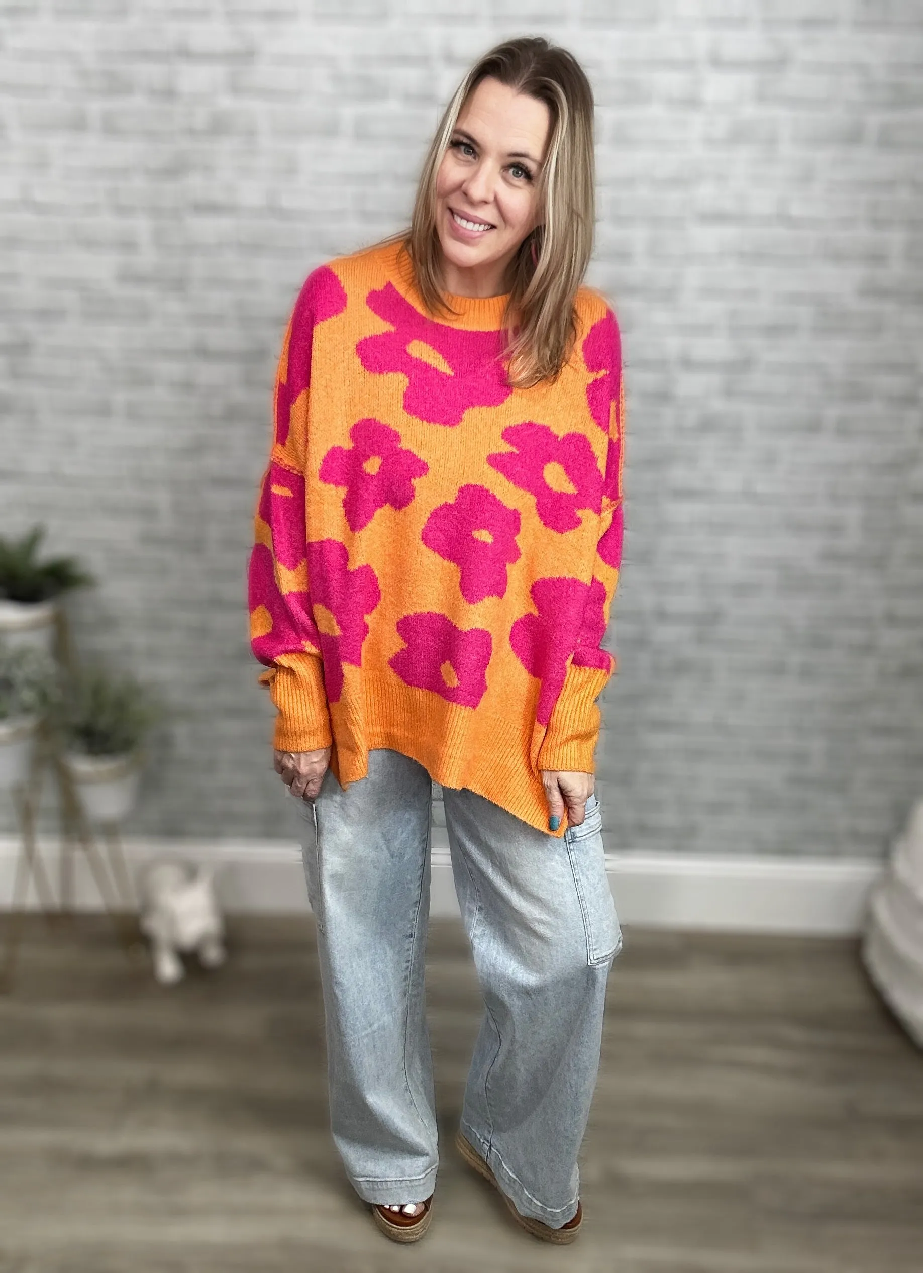 Orange and Fuchsia Hot Pink Large Scale Floral Sweater - Davi & Dani