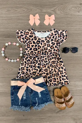 Peach Cheetah Distressed Denim Short Set