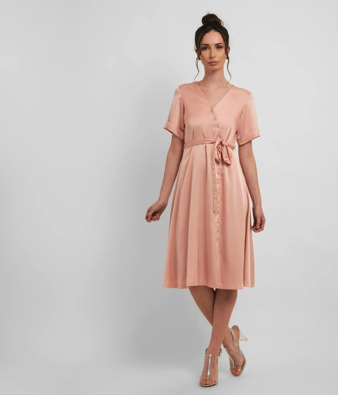 Peach Pink Comfort Shirt Dress With waist Belt