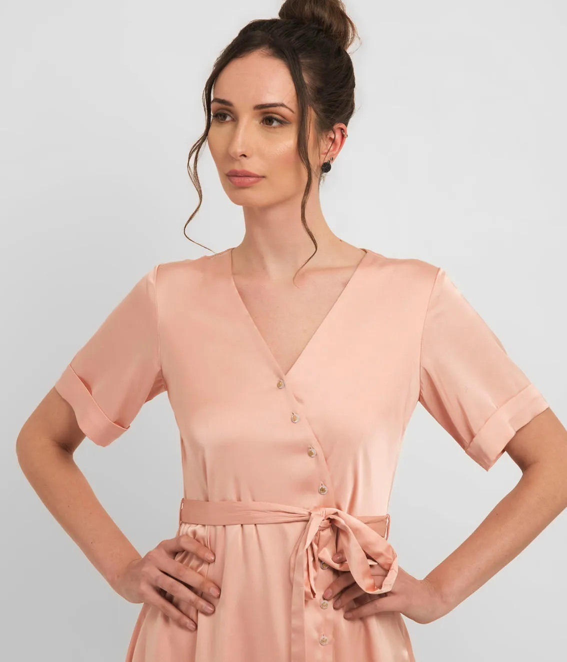 Peach Pink Comfort Shirt Dress With waist Belt