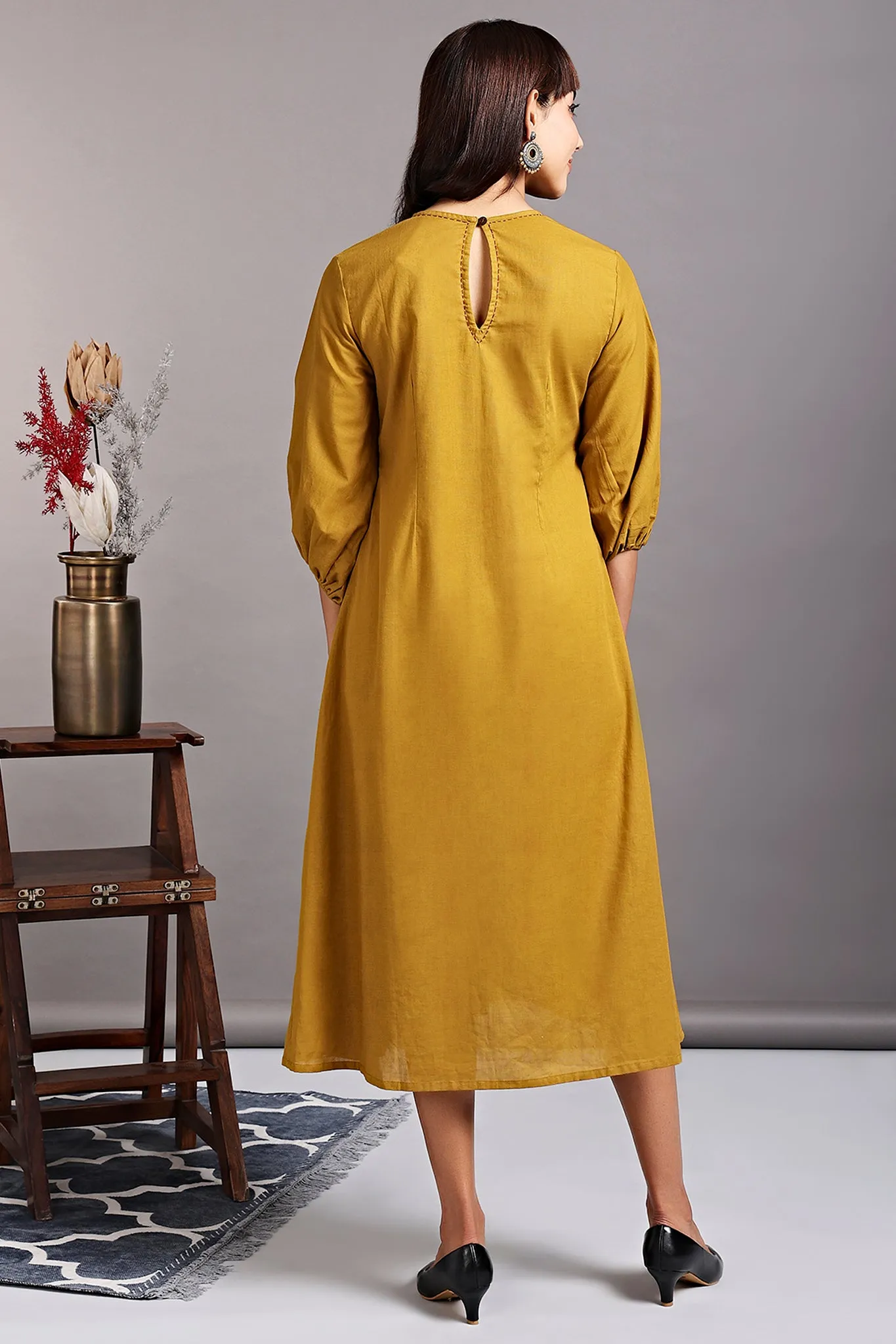 peasant sleeve dress - yellow ochre & romantic tulips