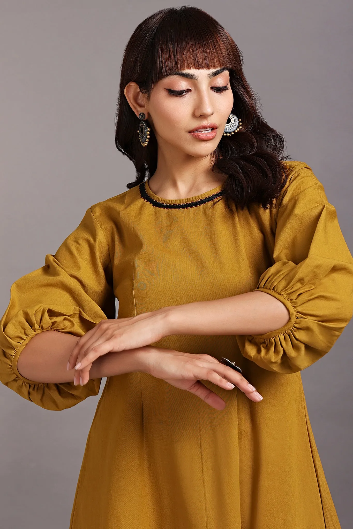 peasant sleeve dress - yellow ochre & romantic tulips