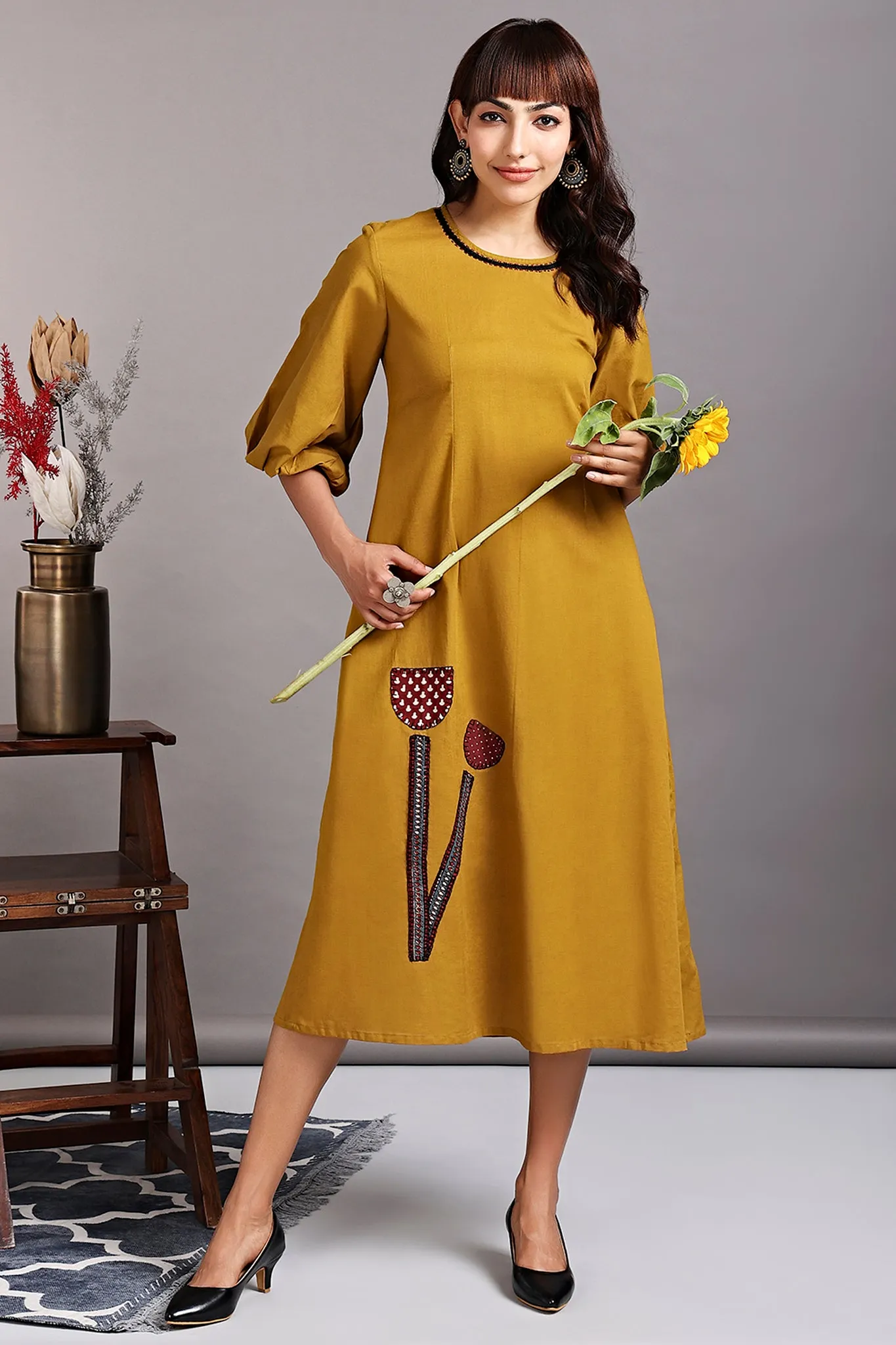 peasant sleeve dress - yellow ochre & romantic tulips