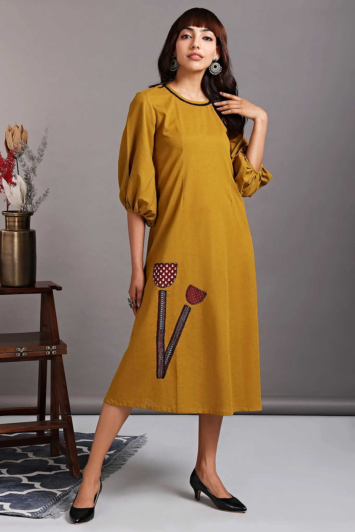 peasant sleeve dress - yellow ochre & romantic tulips