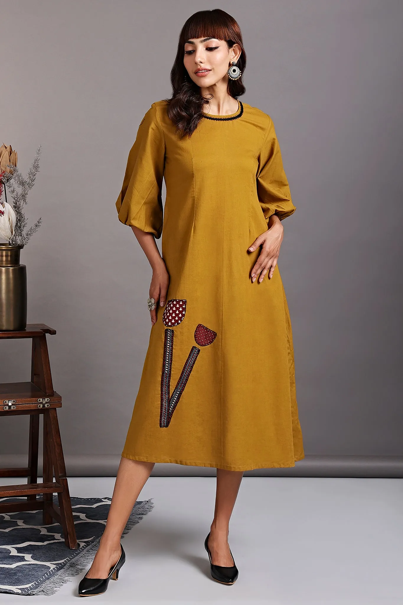 peasant sleeve dress - yellow ochre & romantic tulips