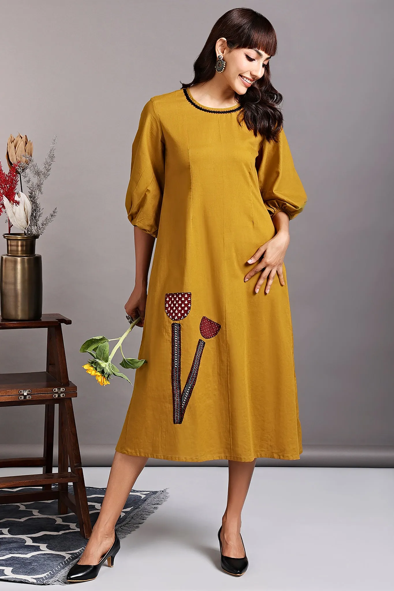 peasant sleeve dress - yellow ochre & romantic tulips