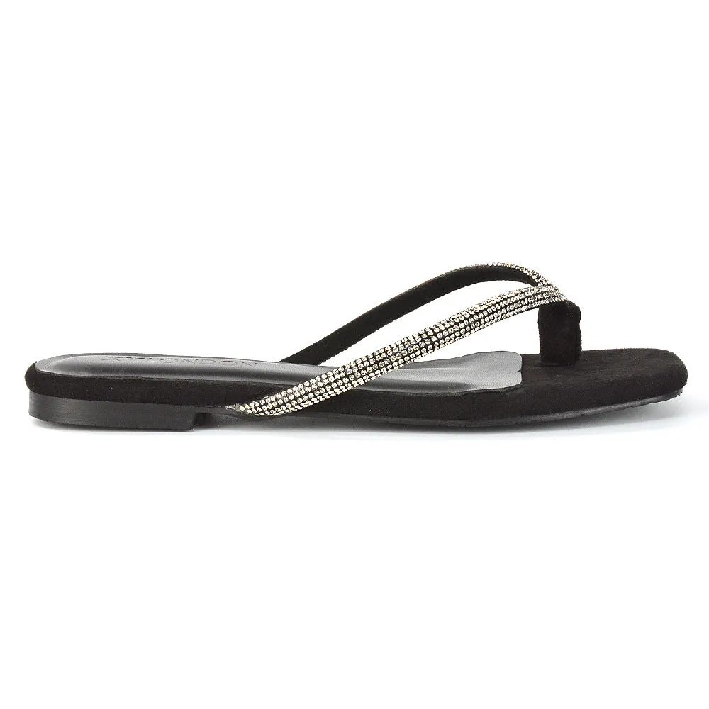 Raina Square Toe Thong Strap Flat Diamante Sandal Slides in Black Faux Suede