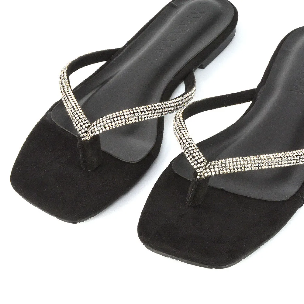 Raina Square Toe Thong Strap Flat Diamante Sandal Slides in Black Faux Suede