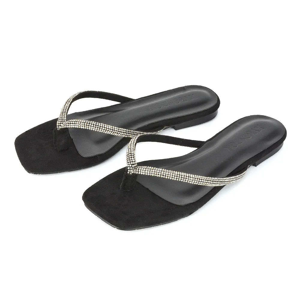 Raina Square Toe Thong Strap Flat Diamante Sandal Slides in Black Faux Suede