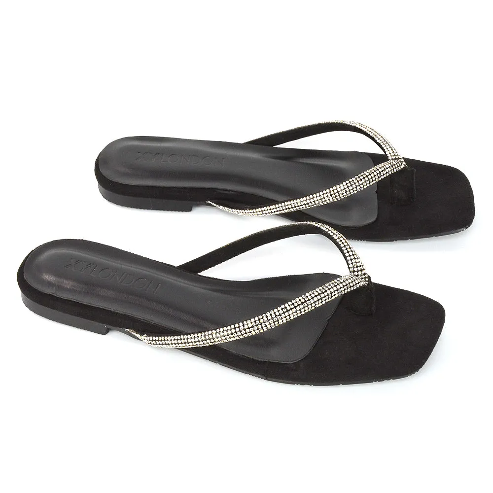 Raina Square Toe Thong Strap Flat Diamante Sandal Slides in Black Faux Suede