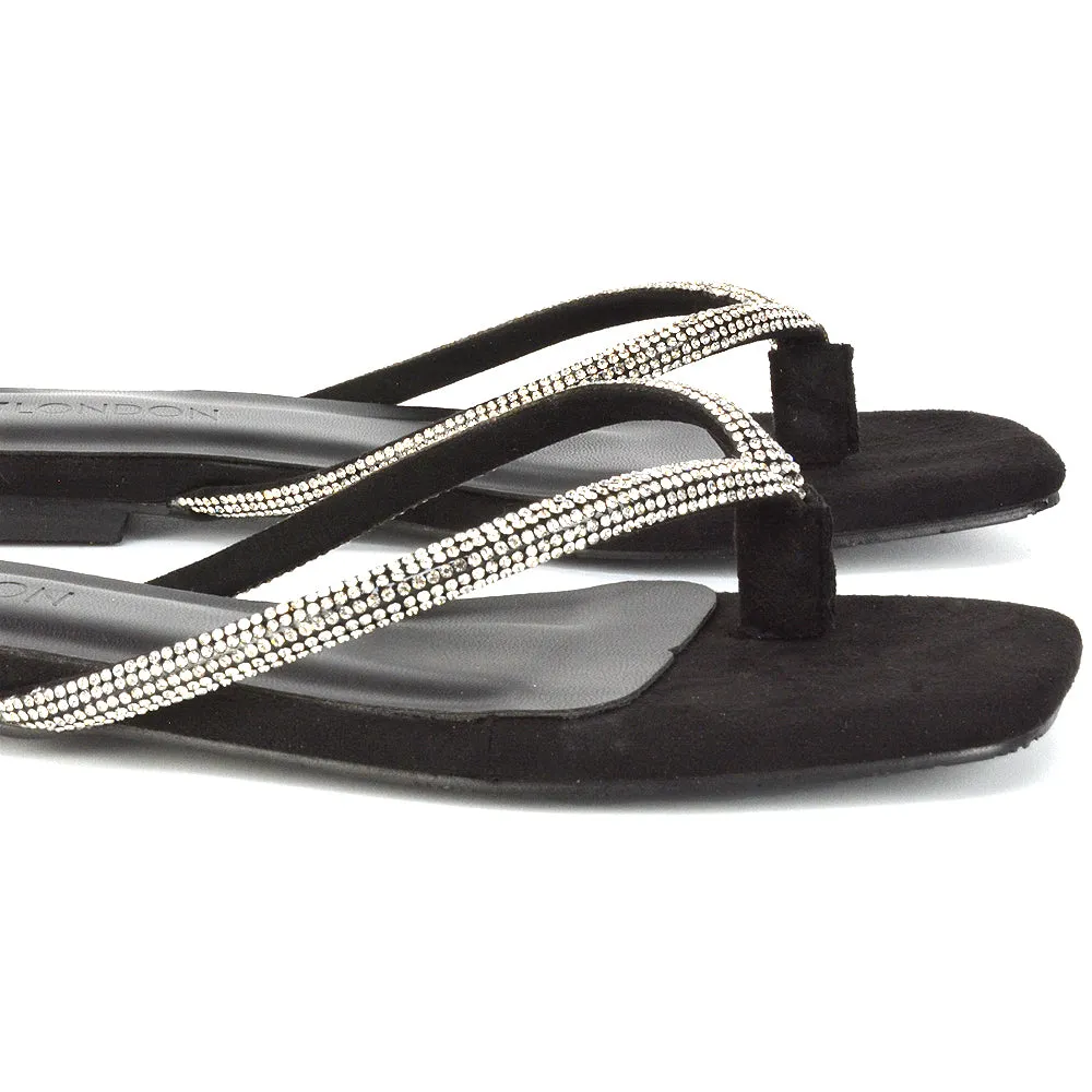 Raina Square Toe Thong Strap Flat Diamante Sandal Slides in Black Faux Suede