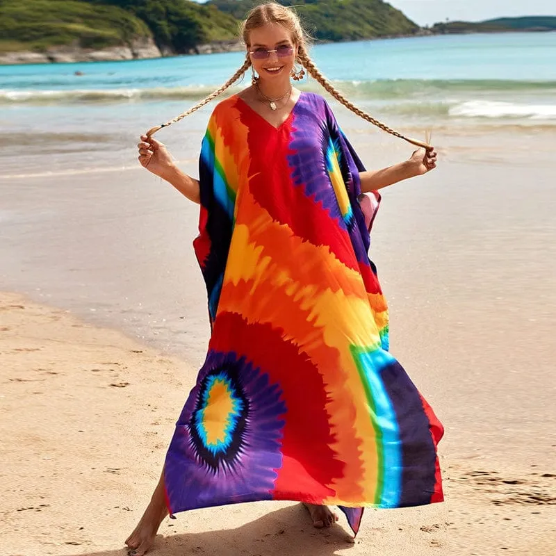 Rainbow Tie Dye Maxi Kaftan Dress