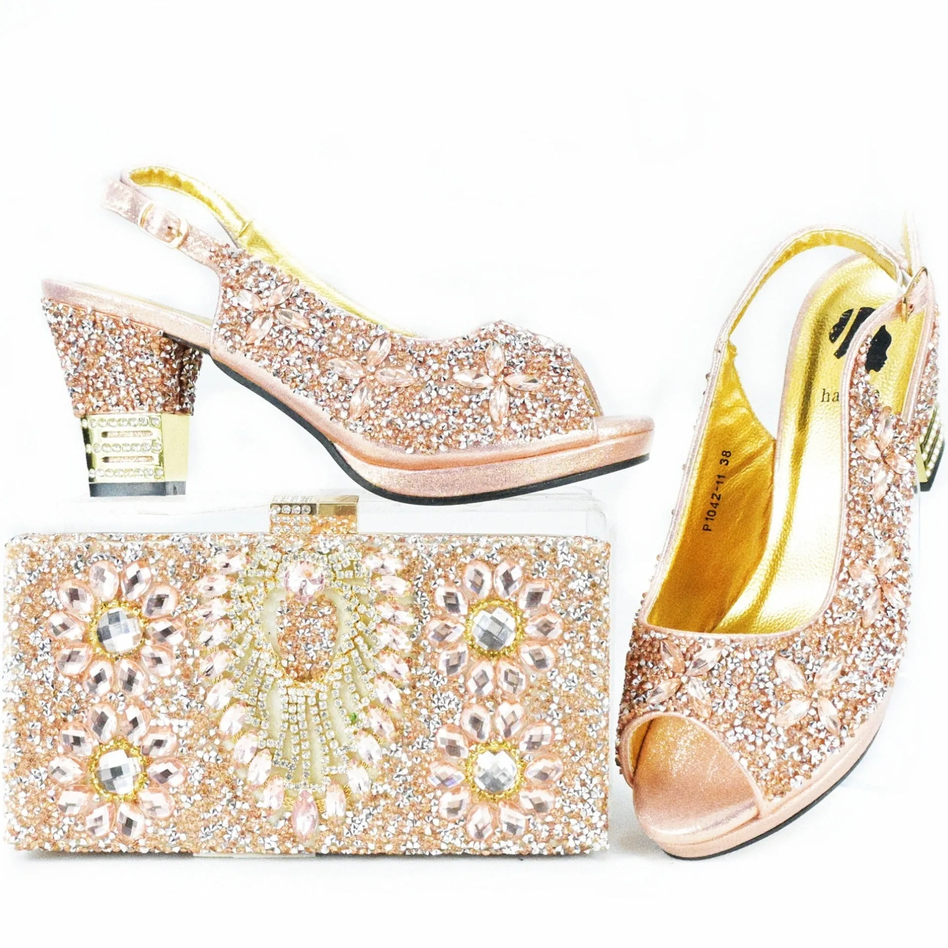 Rhinestone Chunky High Heel Casual Sandals With Clutch Bag ,With RHhinestone Bag ,Diamond Evening Wedding Bag