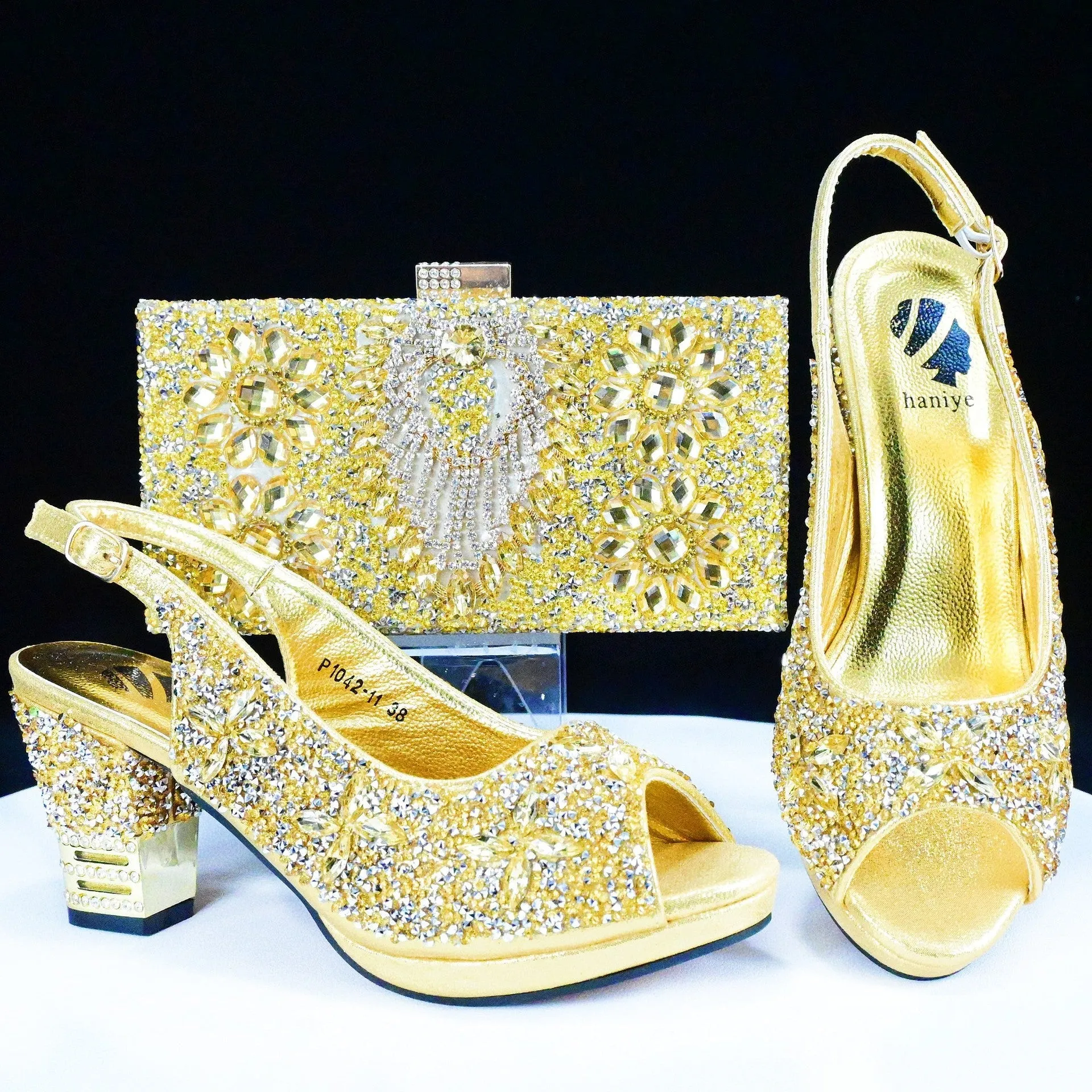 Rhinestone Chunky High Heel Casual Sandals With Clutch Bag ,With RHhinestone Bag ,Diamond Evening Wedding Bag