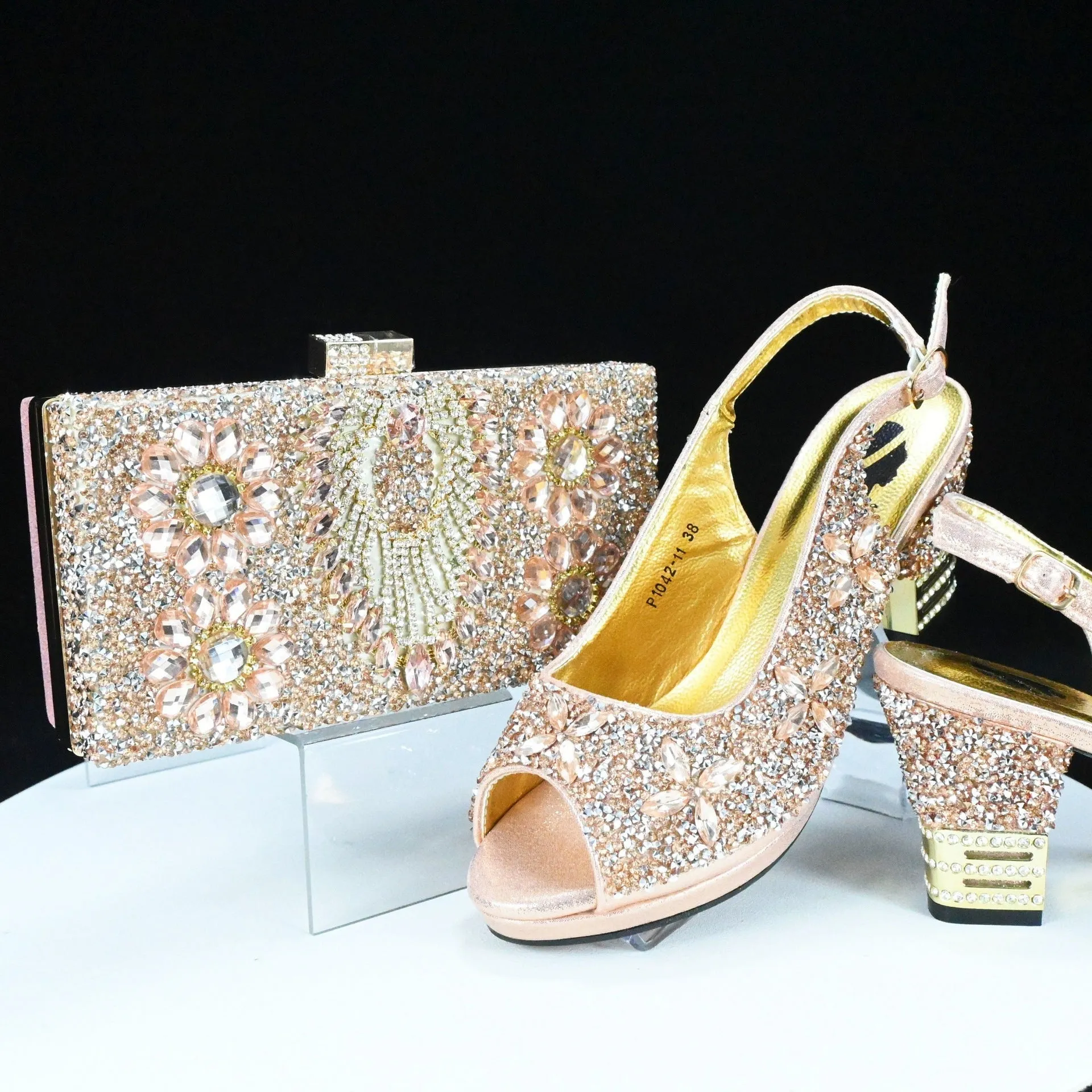 Rhinestone Chunky High Heel Casual Sandals With Clutch Bag ,With RHhinestone Bag ,Diamond Evening Wedding Bag