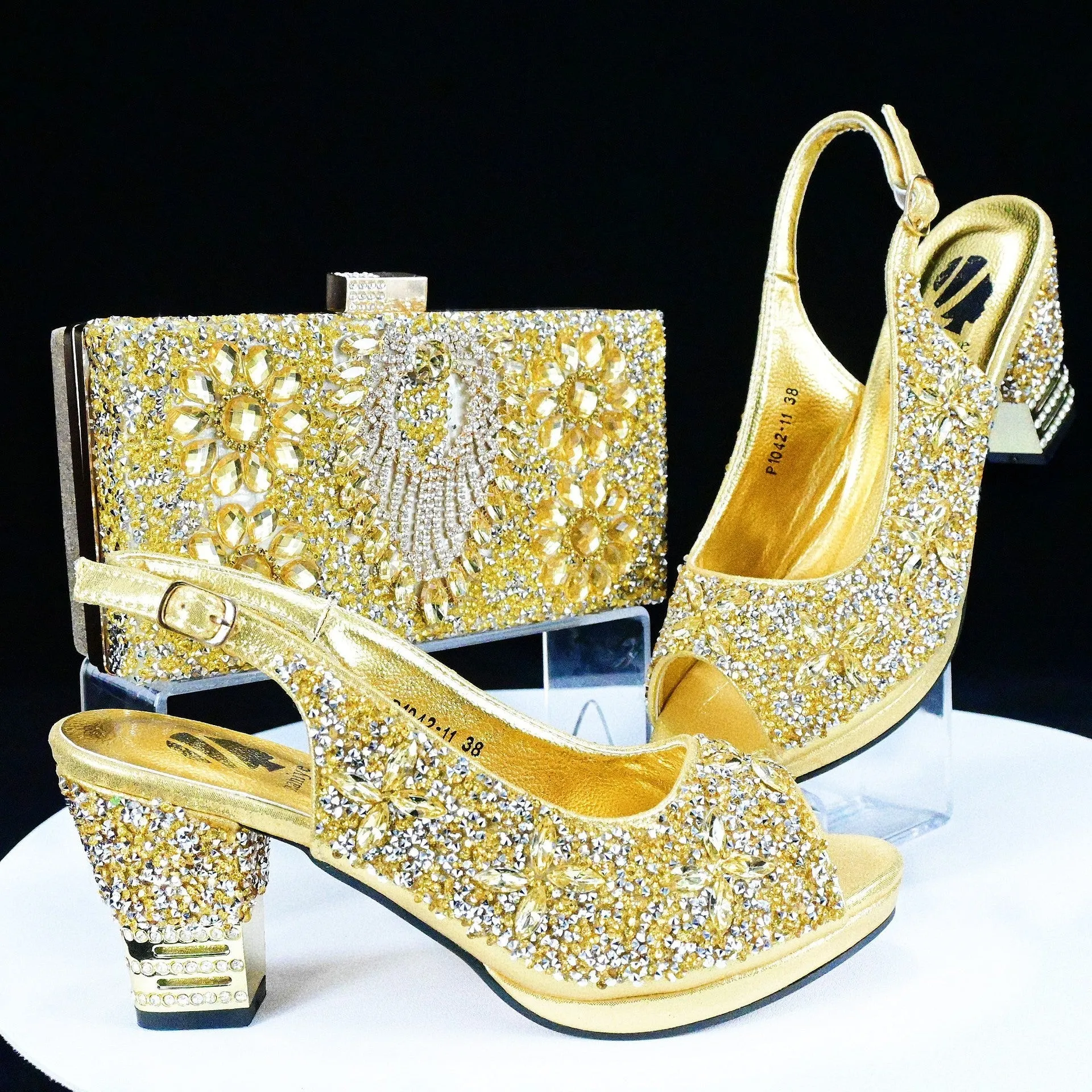 Rhinestone Chunky High Heel Casual Sandals With Clutch Bag ,With RHhinestone Bag ,Diamond Evening Wedding Bag