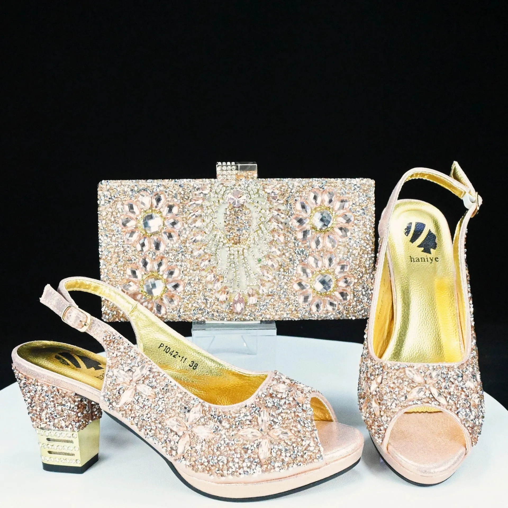 Rhinestone Chunky High Heel Casual Sandals With Clutch Bag ,With RHhinestone Bag ,Diamond Evening Wedding Bag