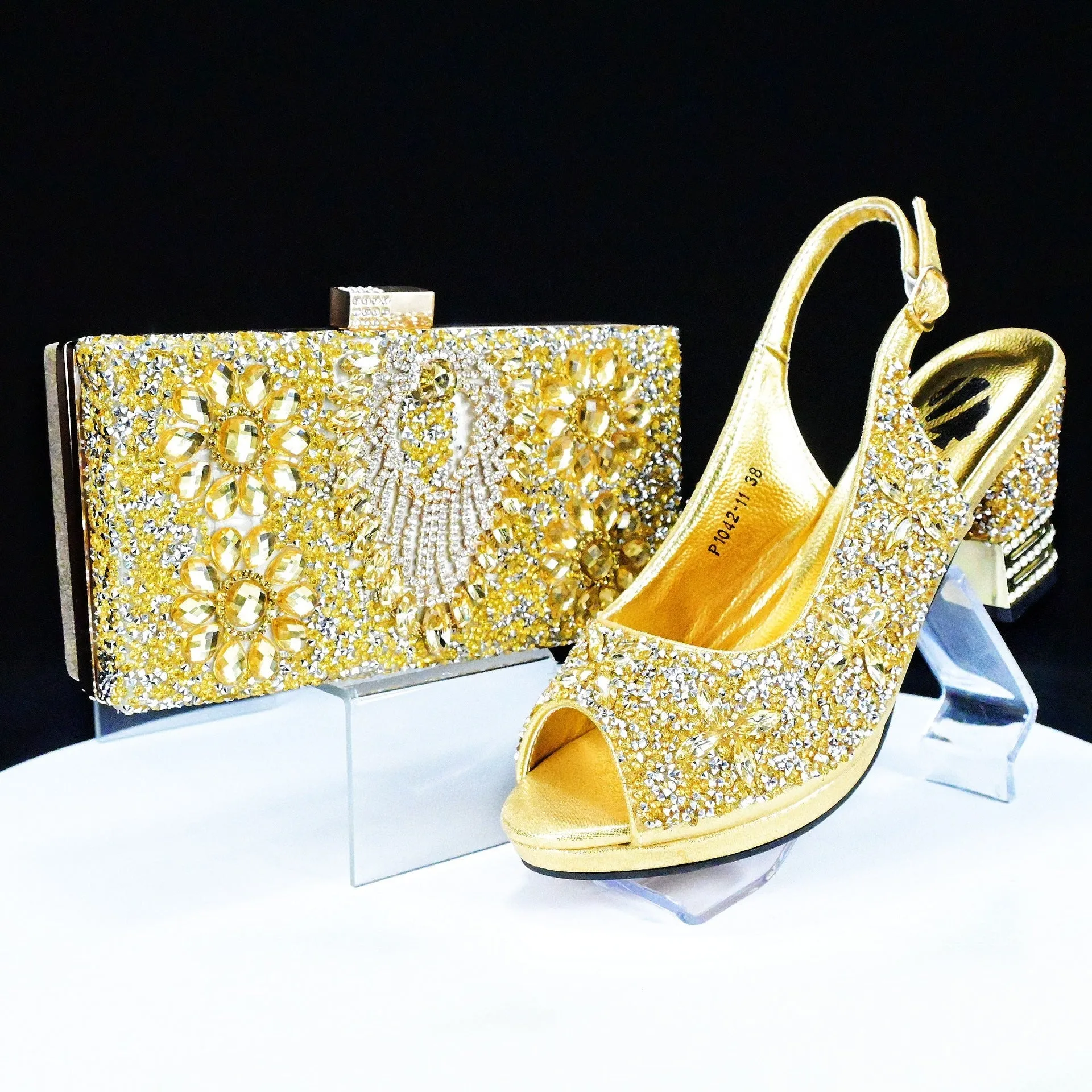 Rhinestone Chunky High Heel Casual Sandals With Clutch Bag ,With RHhinestone Bag ,Diamond Evening Wedding Bag